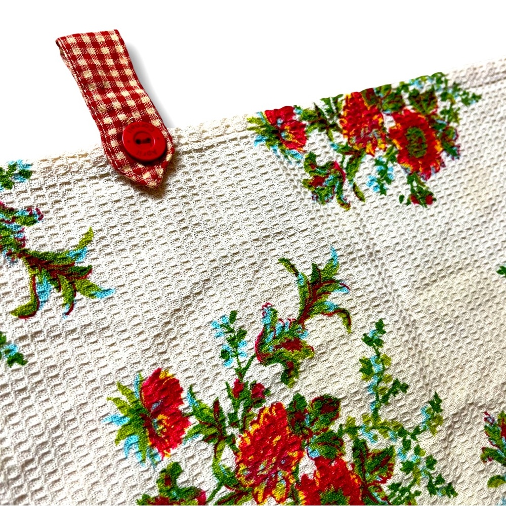 April Cornell Floral Square Tea Towel with Button Tab Loop